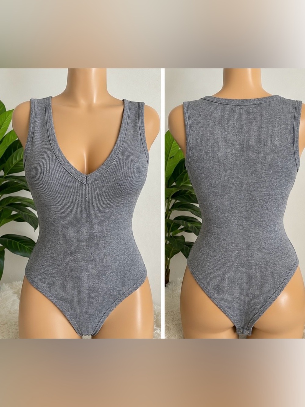 Universal Thread Gray Ribbed V-Neck Sleeveless Bodysuit